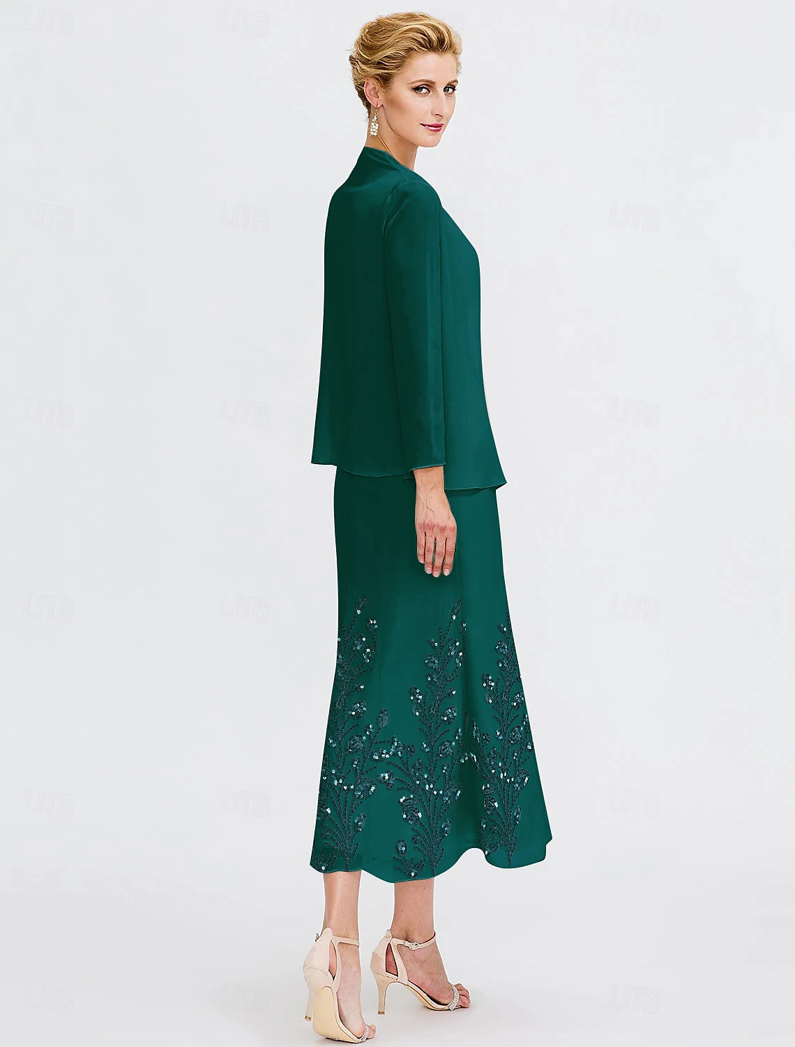 Buyishang Two Piece A-Line Dress Suit Mother of the Bride Dress Elegant Jewel Neck Tea Length Chiffon 3/4 Length Sleeve Jacket Dresses with Sequin